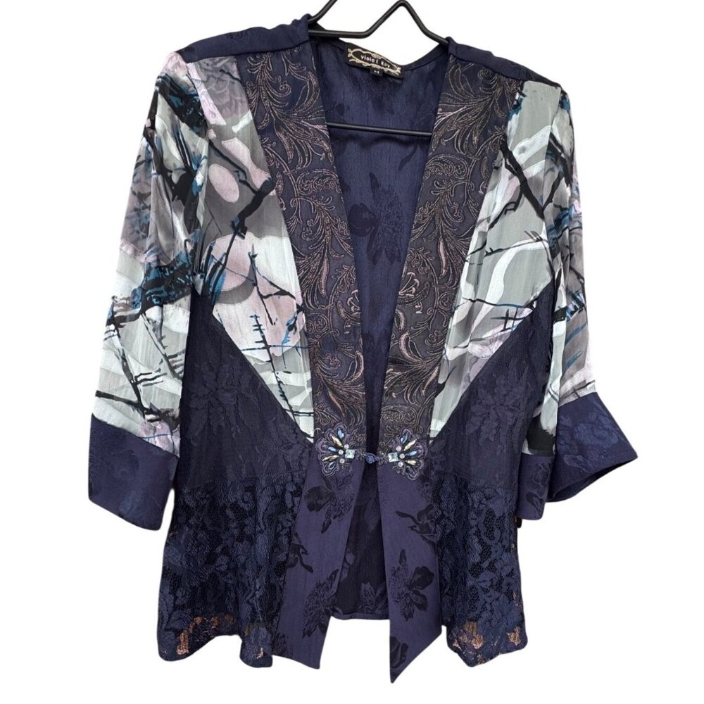 Violet Kay Blue Black Silk Blend Burnout Lace Patchwork Jacket Size Medium